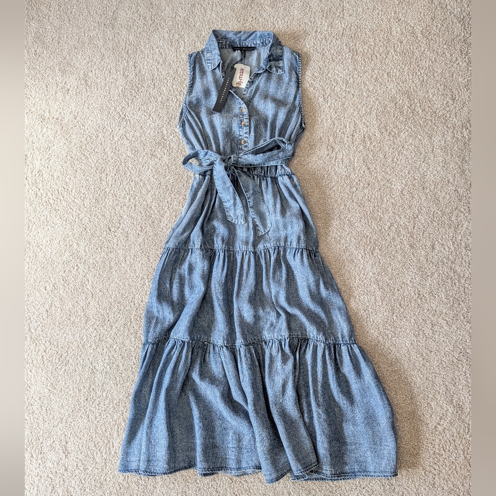 Jane and Delancey Light Blue Sleeveless Chambray Maxi Dress with Tie Waist
